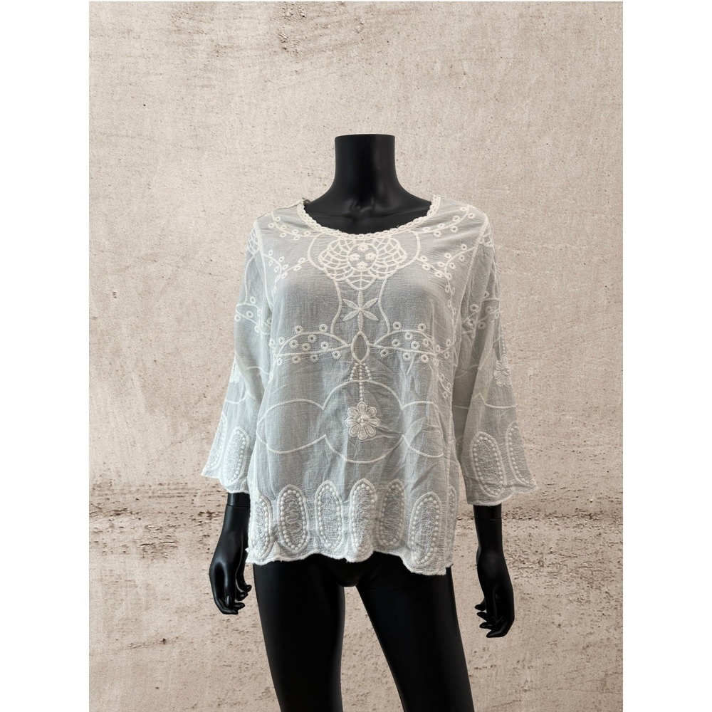 Studio JPR White Embroidered Boho Peasant Top Medium Cotton Gauze Lace - Picture 3 of 8